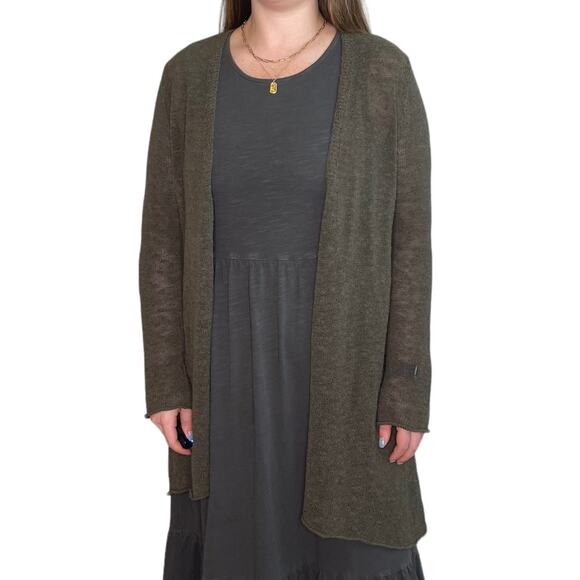 Eileen Fisher Linen Longline Olive Cardigan Lagenlook M - Picture 1 of 9